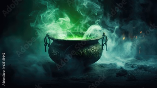 Cauldron with green glowing potion isolated on a dark foggy background