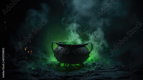 Cauldron with green glowing potion isolated on a dark foggy background