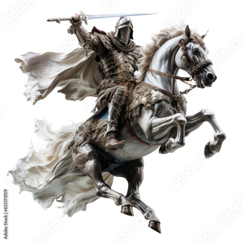 a Knight in armor on a white horse with a sword in motion in a Medieval-themed, photorealistic illustration in a PNG, cutout, and isolated. generative ai