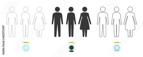 立っている3人の人間のアイコン･ピクトグラム - 黒1色･線画･点線のセット - 透過 