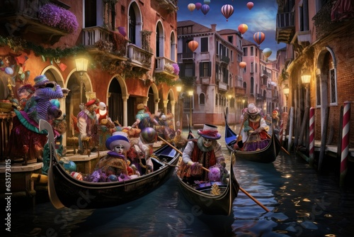 Venetian Carnival Splendor: Hyper-Realistic Scene of Gondoliers, Majestic Palaces, Masked Revelers, and Shimmering Canal Waters 