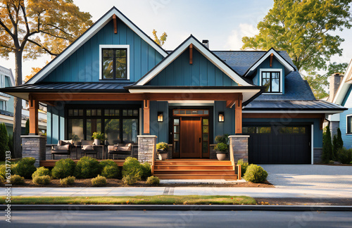 this front view of a new home shows blue doors and a garage