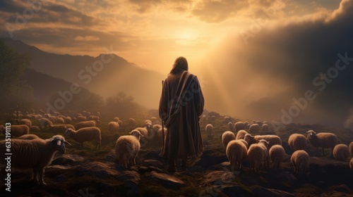 Jesus shepherding the sheep in evening sky