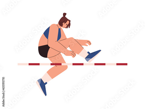 High jump athletic vector flat illustration, woman performs high jump through the barrier, cartoon sportswoman in motion