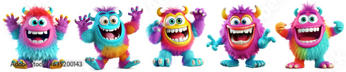 collection of Colorful furry and cute monster dancing and waving 3D render character cartoon style Isolated on transparent background