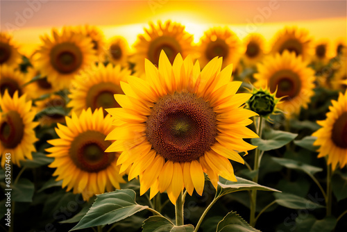 Field of yellow sunflowers flowers. Sunflower sways in the wind. Beautiful fields with sunflowers in the summer in rays of bright sun. Crop of crops ripening in field