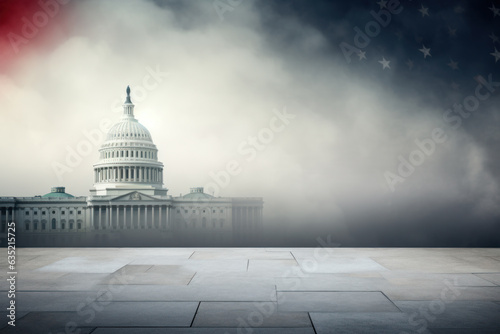 Political Freedom Graphic Resource: Tile Floor, US Capitol Building, Clouds Smoke, Empty Space for Text Generative AI