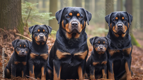 A group of black and brown Rottweiler dogs and puppies sitting together