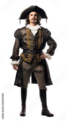 Happy men standing in Cackling Courtier halloween costume with an isolated transparent background.