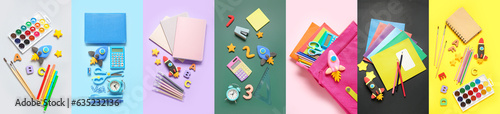 Collection of school supplies with plasticine rockets on color background