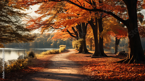 autumn season landscape in park, view of yellow trees alley background