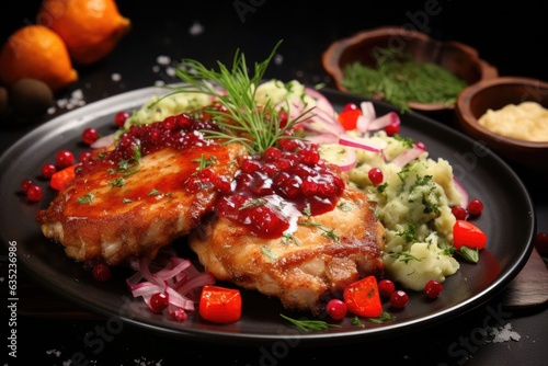 A plate of mashed potatoes topped with kotlet schabowy and cranberry sauce.