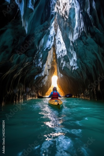 Woman with kayak explores the Marble Caves, paddles inside the cave with interesting patterns on the walls and crystal clear water.
