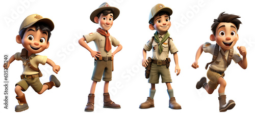 Set Of Cute Little boy scout Kids Wear Scout honor uniform. 3D render character cartoon style Isolated on transparent background