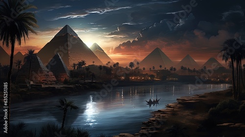 Landscape with ancient Egyptian pyramids, beautiful sunset. AI generation