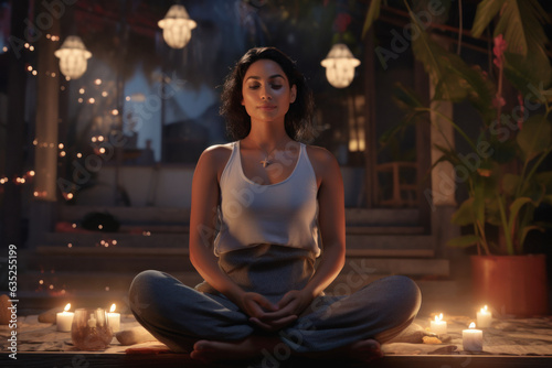 A young Latin woman meditating on the terrace of her house surrounded by candles at dusk to improve focus