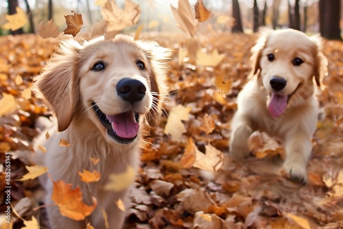 Golden Retriever puppies playing in fall leaves