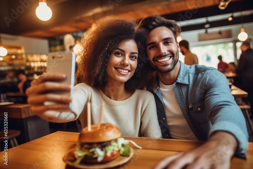 Generative AI : Happy couple taking selfie with smart mobile phone at burger pub restaurant Young people having lunch break at cafe bar venue Life style concept with guy and girl hanging out on week