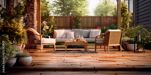 inviting patio area with a mix of textures, including a wooden deck, stone accents, and soft outdoor rugs.Generative AI