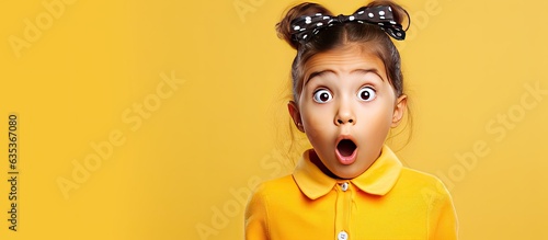 Surprised girl with ponytails pointing at empty space for promotion on a yellow background