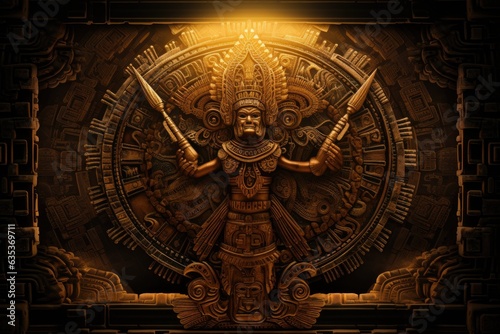 Goddess Durga Face in Hindu Temple, 3D rendering, Mayan deity Mayan, depicted with a powerful ceremonial axe in one hand and a divine symbol in the other, AI Generated