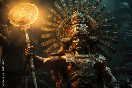 Hindu god statue in the ancient temple of Bali, Indonesia, Mayan deity Mayan, depicted with a powerful ceremonial axe in one hand and a divine symbol in the other, AI Generated