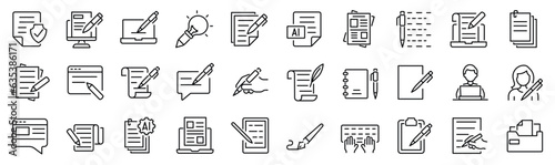 Set of 30 outline icons related to copywriting. Linear icon collection. Editable stroke. Vector illustration