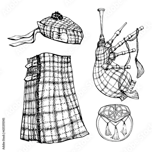 Ink hand drawn vector sketch of isolated objects. Scotland symbols, tartan kilt, scottish beret hat, sporran pouch, bagpipes. Design for tourism, travel, brochure, wedding, guide, print, card, tattoo.