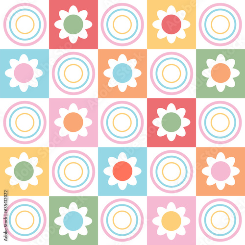 Pastel flower and cycle vector illustration 80's 90's vintage art style doodle seamless pattern, Graphic element for fabric, textile, clothing, wrapping paper, wallpaper, poster. SHOTLISTretro.