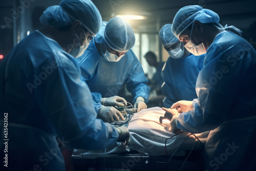 A surgeon in an operating room performing a procedure or surgery with other hospital staff. generative ai