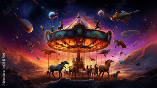 Galaxy Carousel. A merry-go-round in space, with creatures from different planets as the rides. Generative AI