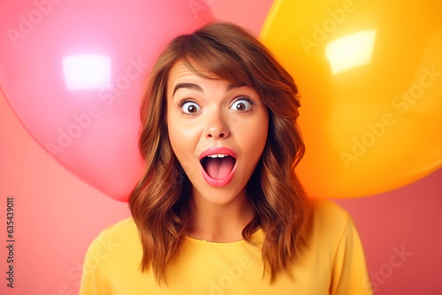 Portrait of wow surprised excited amazed woman with open mouth and big round eyes on colored helium balloons background