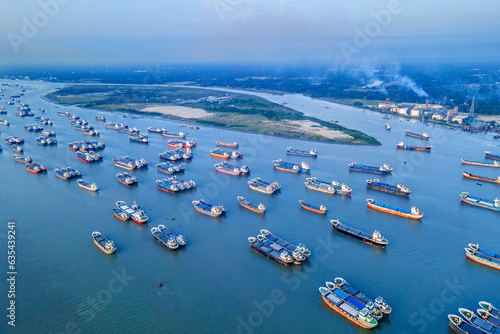 Hundreds of vessels are seen anchored in Karnafuli river near port in Chattogram. The Port of Chittagong is the busiest seaport on the coastline of the Bay of Bengal.