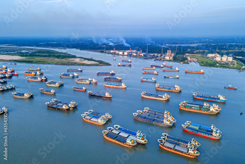 Hundreds of vessels are seen anchored in Karnafuli river near port in Chattogram. The Port of Chittagong is the busiest seaport on the coastline of the Bay of Bengal.