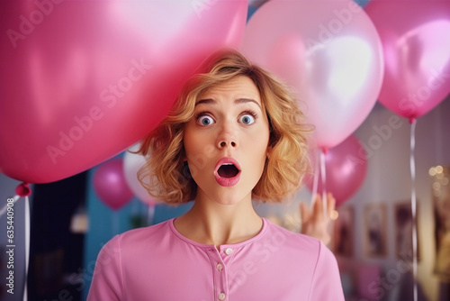 Portrait of wow shocked excited amazed woman standing among pink helium balloons during a surprise at the celebration party