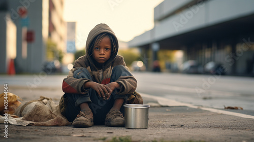 A homeless child sits and asks for food, the problem of hunger, drought, poverty