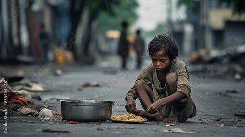 A homeless child sits and asks for food, the problem of hunger, drought, poverty