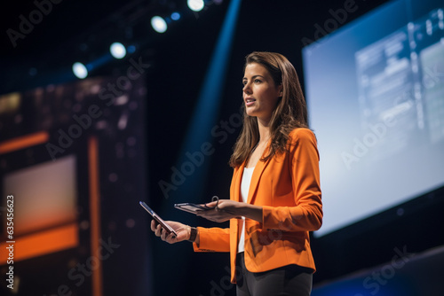 Arab Business Woman on stage at conference holding a presentation of a new product, Speaker having a lecture about digitization, engineering, sustainability, automation.