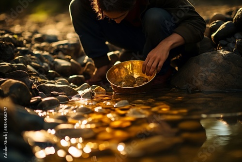Finding gold, gold panning or digging, gold ore, Generative Ai
