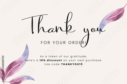 Thank you for your ORDER, printable vector illustration with watercolor frame. Business thank you customer card, creative graphic design template. Soft watercolor background, calligraphy script text, 