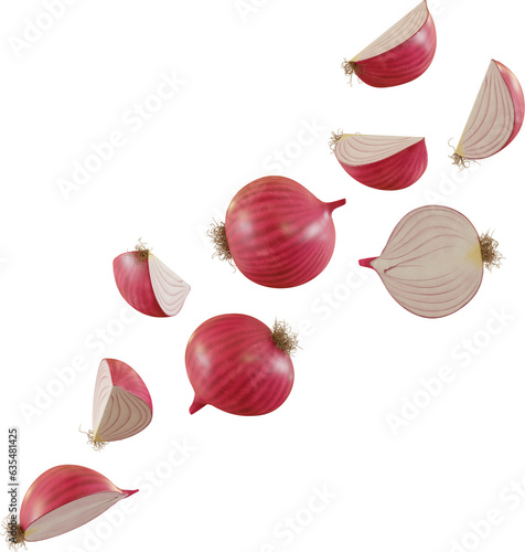 3d render flying red onion slices