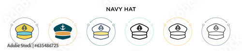 Navy hat icon in filled, thin line, outline and stroke style. Vector illustration of two colored and black navy hat vector icons designs can be used for mobile, ui, web