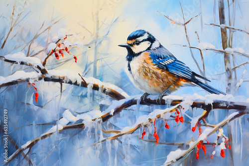 A blue tit bird sits on a snowy tree branch at winter, acrylic painting.