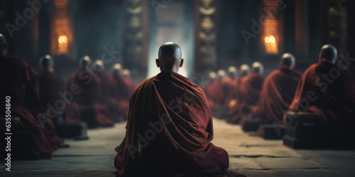 Zen monks practicing meditation in temple or monastery for spiritual enlightenment