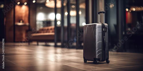 A lost suitcase in a airport or elegant hotel lobby