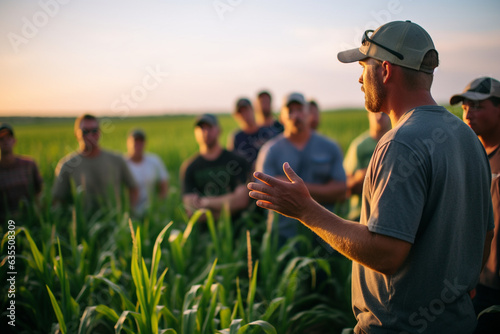 An inspiring portrayal of a man agronomist leading a workshop on sustainable farming practices, sharing wisdom with fellow agriculturists 