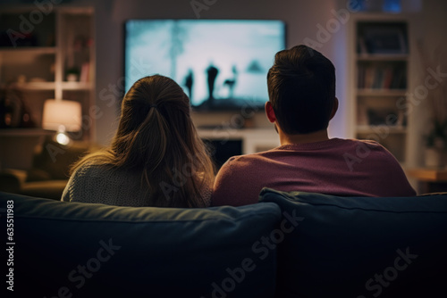 couple vue de dos en train de regarder une programme à la télévision dans leur salon sur grand écran