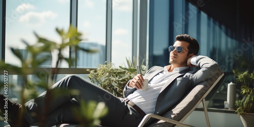 Young businessman relaxing on a balcony lying on a sun lounger