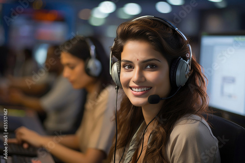 Indian call centre - Pretty female Customer Representative communicating with customer on microphone