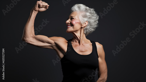 Older woman in great physical shape shows her biceps on gray background.